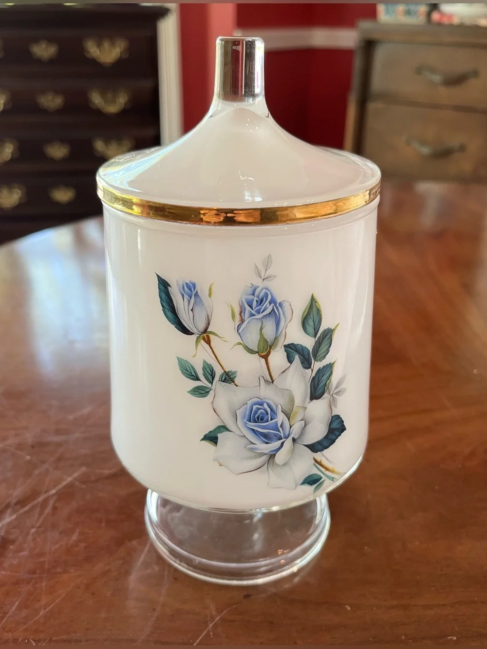 West Virginia Glass White Frosted Blue Roses Pedestal Apothecary Jar w Lid